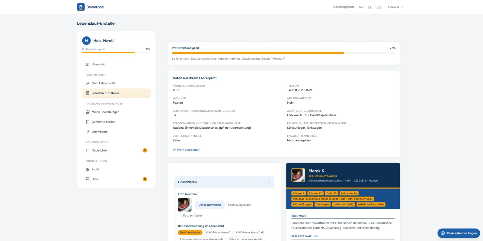 CV Builder: a professional CV in a few minutes — ready-made phrasing in German, without starting from scratch.