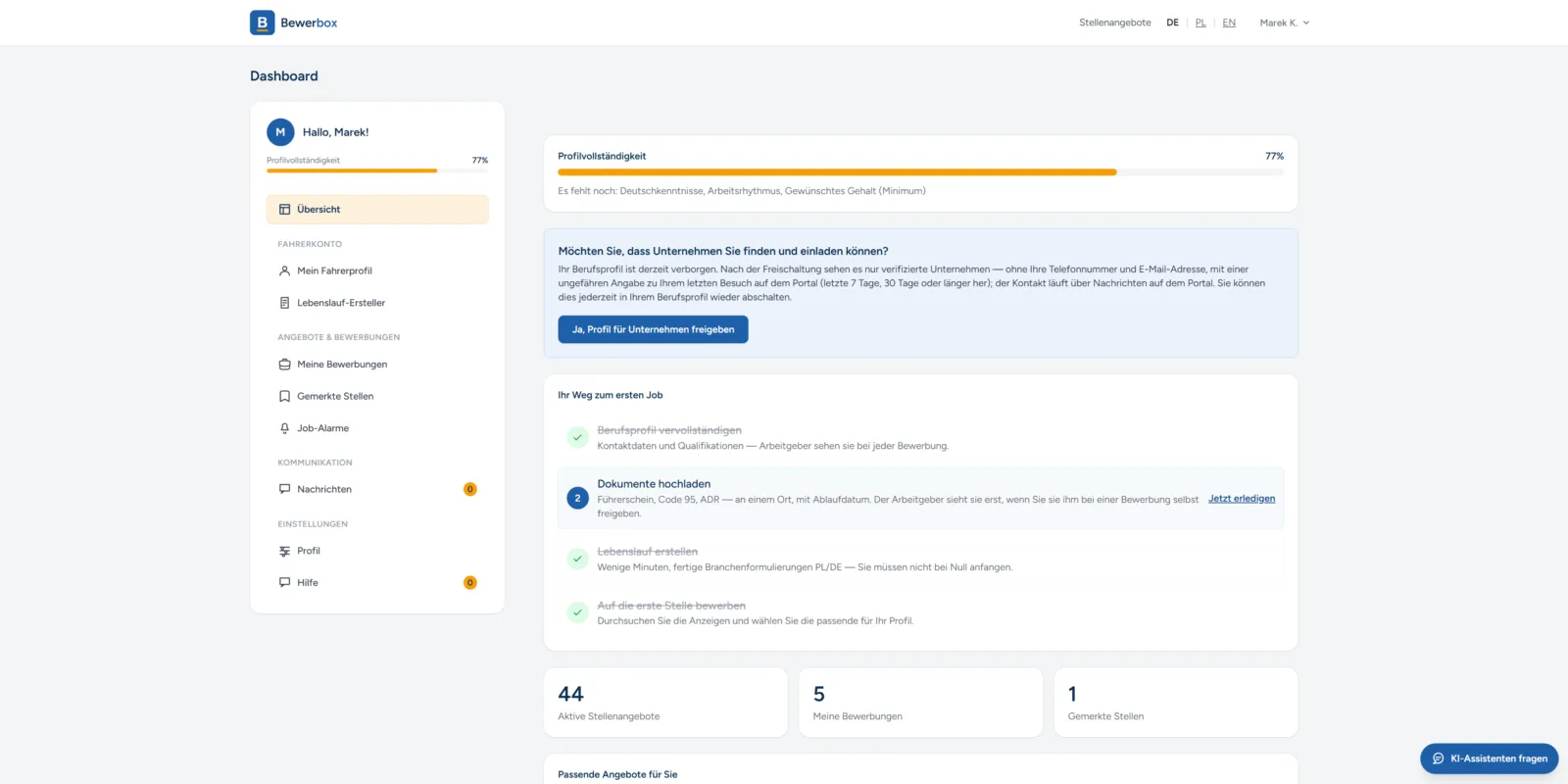 Dashboard: your path to your first job, step by step, profile completeness and available job listings in one place.