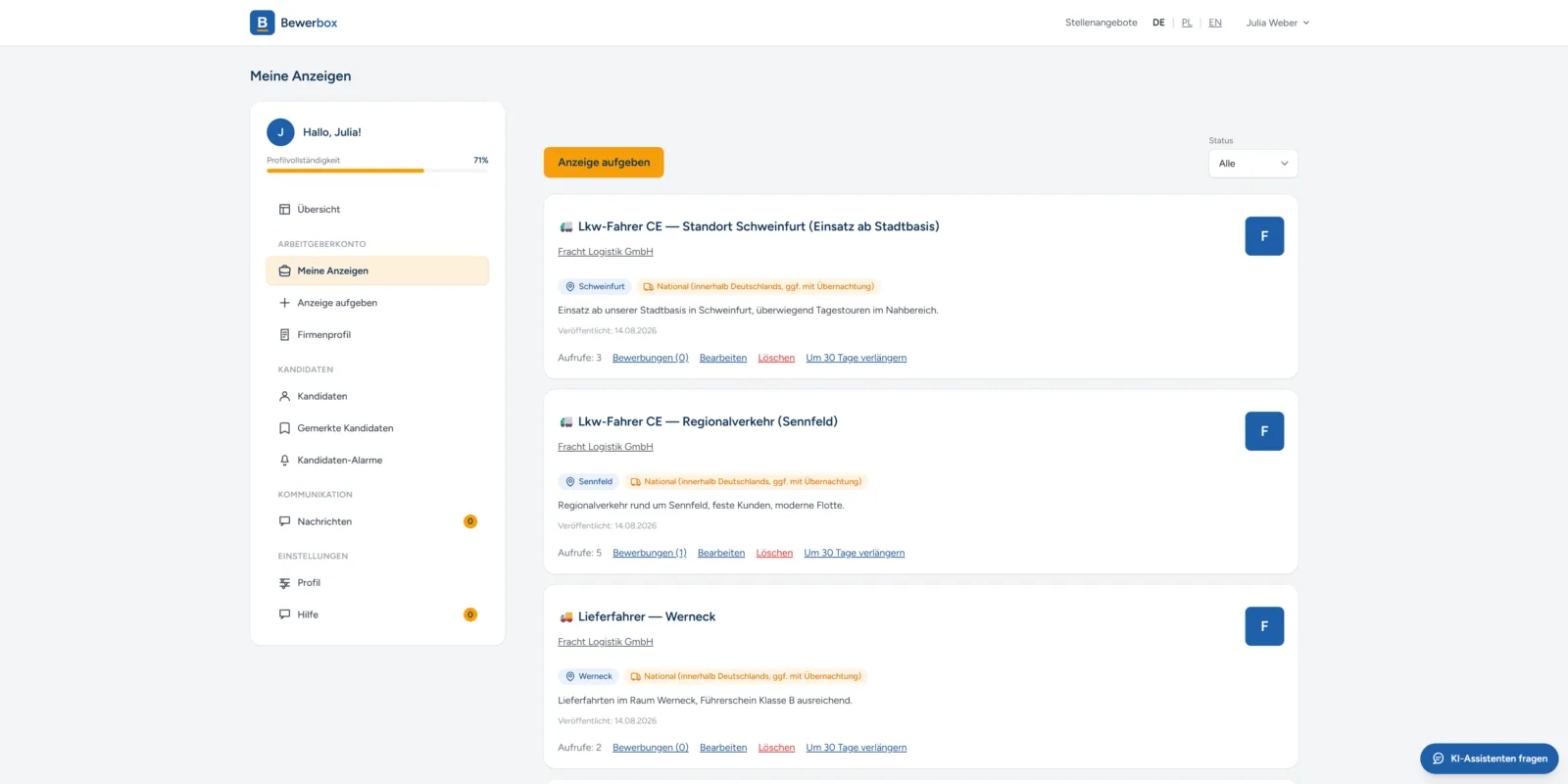 Listing management: keep track of views and applications, edit, renew — without leaving the panel.